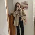 Korean-Style Draping Women’s Coat - Patchwork Solid Black/Khaki