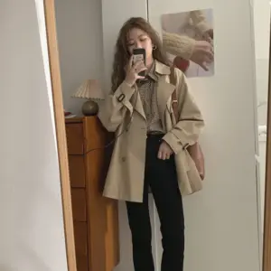 Korean-Style Draping Women’s Coat - Patchwork Solid Black/Khaki