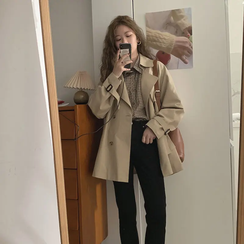 Korean-Style Draping Women’s Coat - Patchwork Solid Black/Khaki