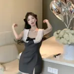 High-Waist Bowknot A-Line Dress with Zipper - Gray