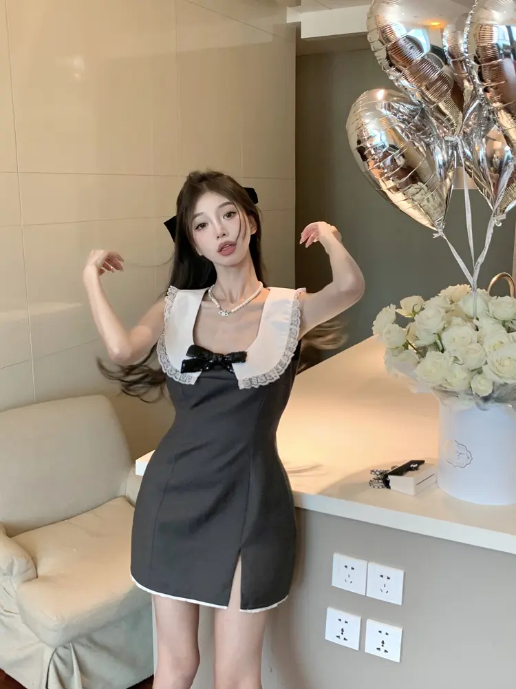 High-Waist Bowknot A-Line Dress with Zipper - Gray