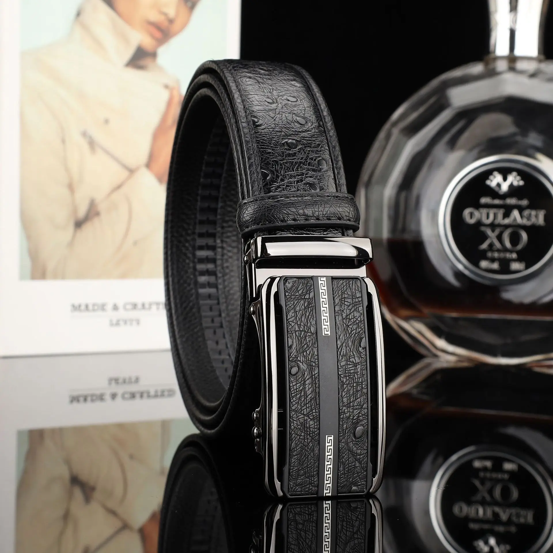 Automatic Buckle Genuine Leather Belt - Ostrich-Pattern Style Automatic Buckle Genuine Leather Belt - Ostrich-Pattern Style