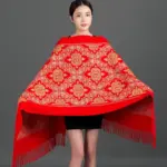 Embroidered Faux Cashmere Shawl Scarf with Tassels