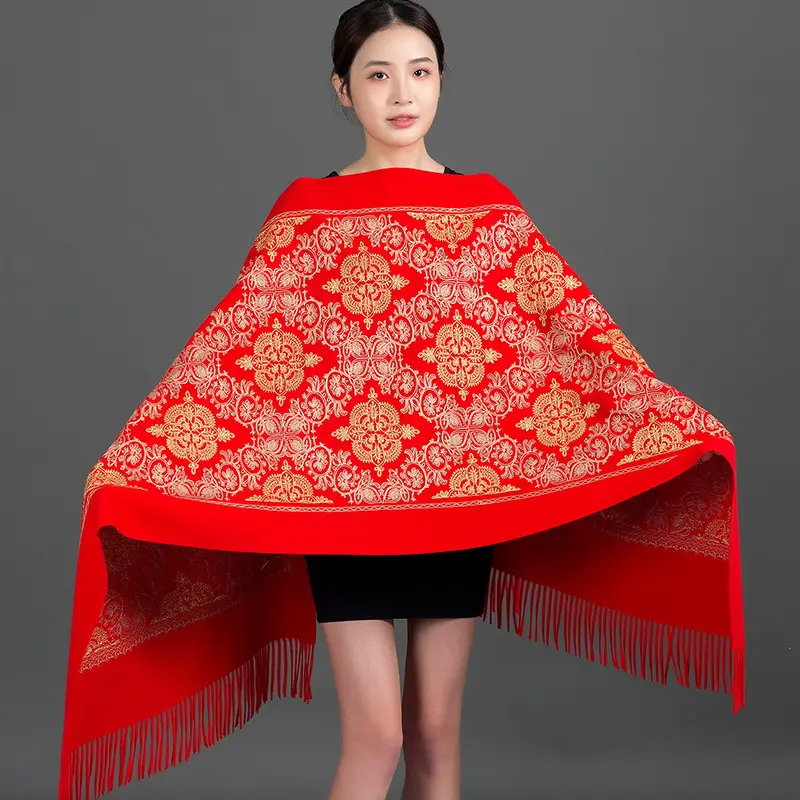 Embroidered Faux Cashmere Shawl Scarf with Tassels