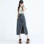 Street-Style Khaki High-Waisted Denim Skirt, Raw Hem & Slit