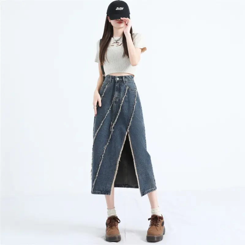 Street-Style Khaki High-Waisted Denim Skirt, Raw Hem & Slit