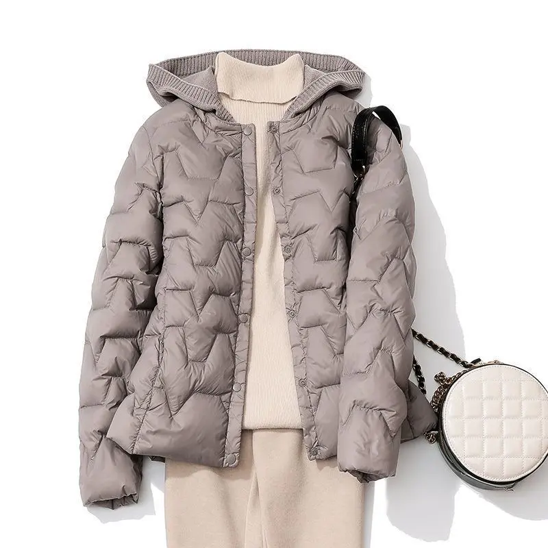 Warm White Duck Down Womens Cropped Beanie Jacket - Loose Fit V-Neck