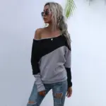 Loose-fitting Spliced Off-shoulder Pullover Contrast-color Long-sleeve T-shirt