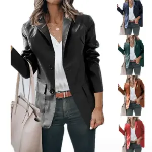 Tailored Lapel Single-Breasted PU Leather Women’s Coat