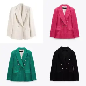 Womens 4-Color Textured Double-Breasted Midi Blazer