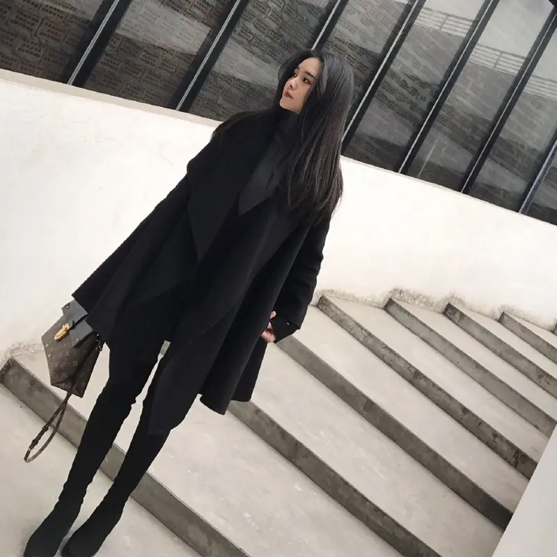 Black Irregular Loose Cloak Woolen Coat for Easy Movement