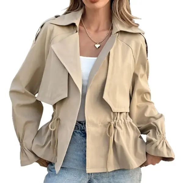 Drawstring-Waist Khaki Coat for Petite Frames, Relaxed Fit
