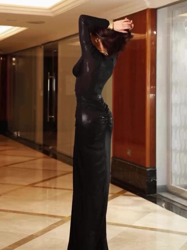 Flattering Deep V Pleated Maxi Dress with Long Sleeves