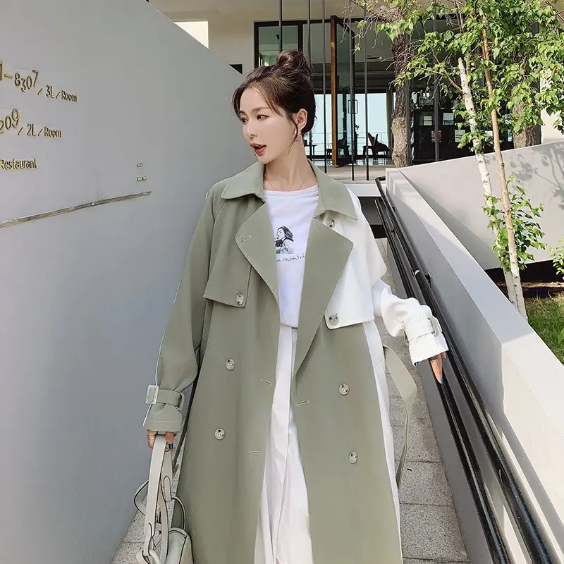 Contrast Color Mid-Length Women’s Trench Coat for S-XL