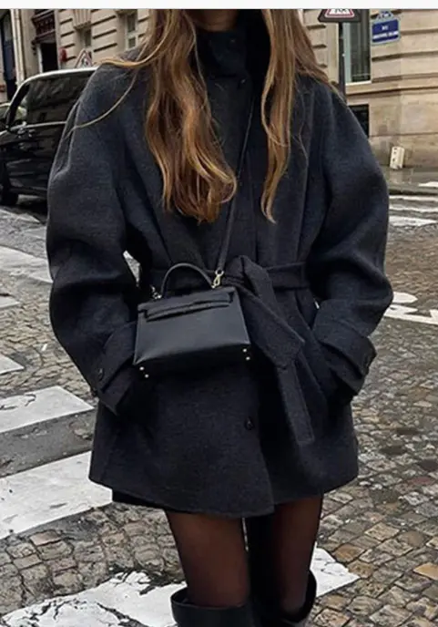 Womens Wool Coat With Belt Mock Neck And Solid Color Womens Wool Coat With Belt Mock Neck And Solid Color