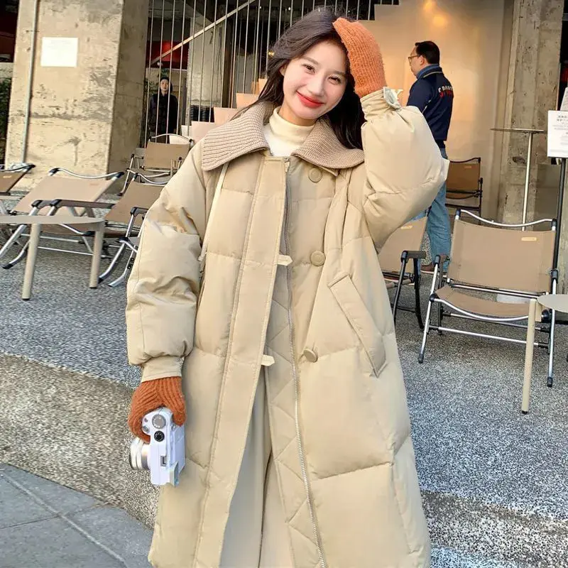 Warmth-Focused Long Cotton Padded Coat with Turn-Down Collar