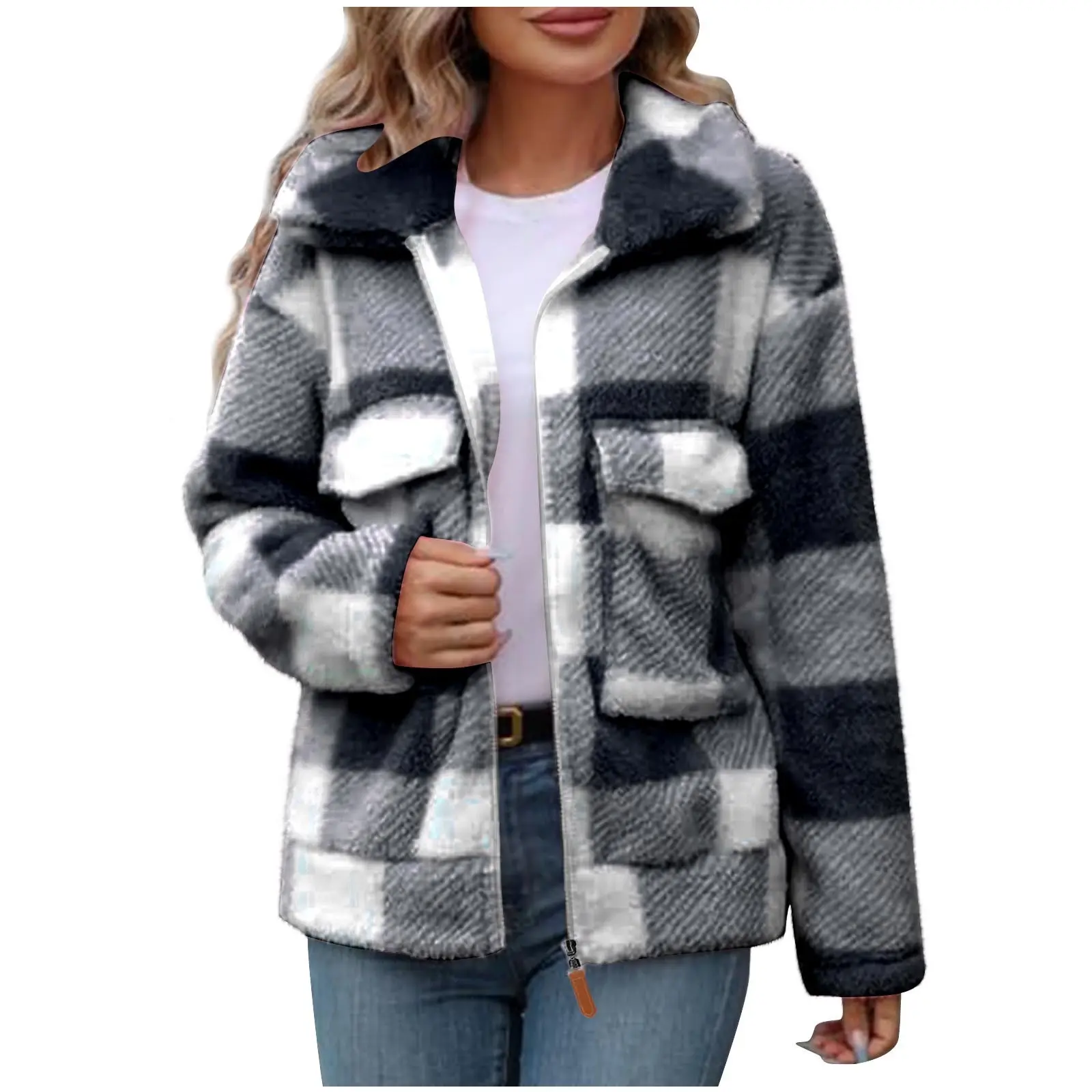 Warm Double-Sided Polar Fleece Plaid Zip-Up Coat with Pockets
