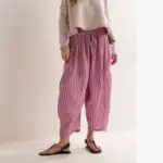 Striped Straight-leg Pants Elastic Waist Cropped Pleated Pants