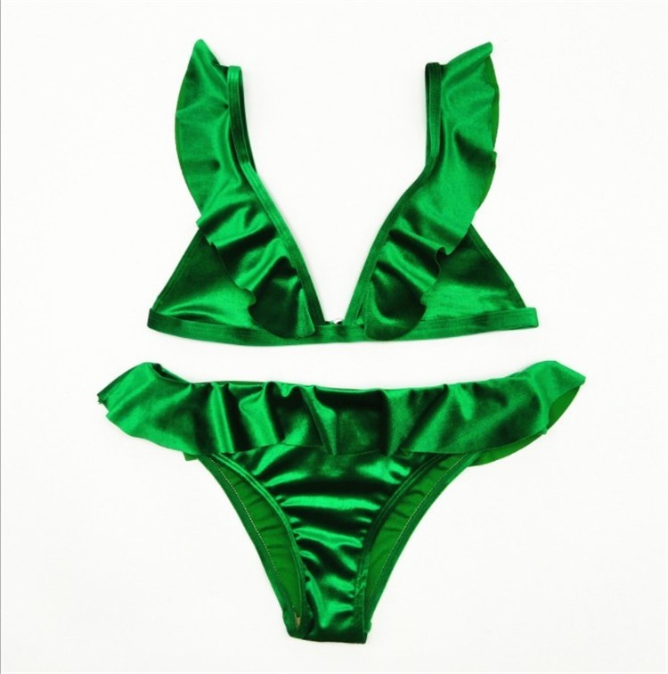 Support-Free Velvet Ruffle Bikini Set with Removable Pads