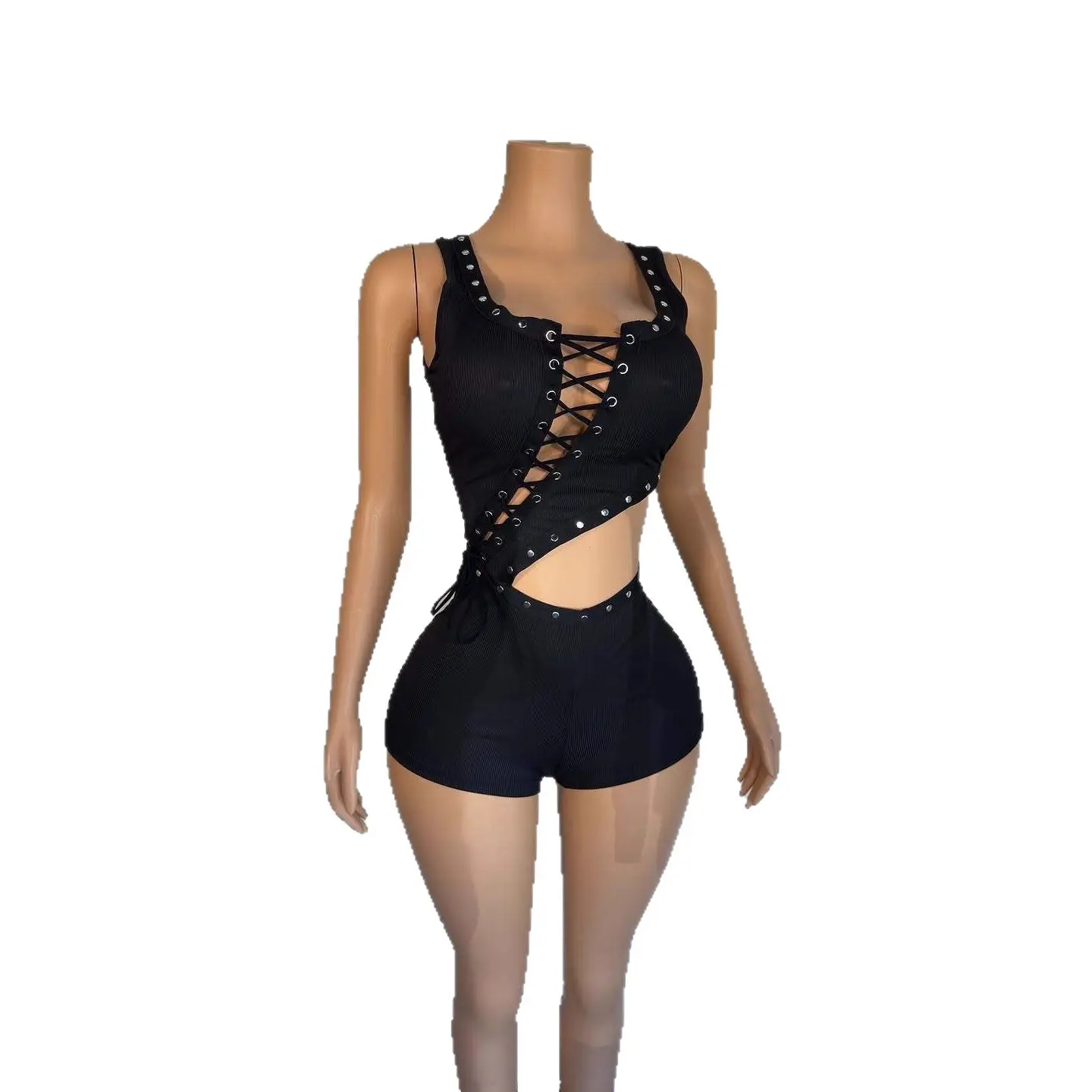 Stretch Black Ribbed Cropped Jumpsuit Romper with Straps Stretch Black Ribbed Cropped Jumpsuit Romper with Straps