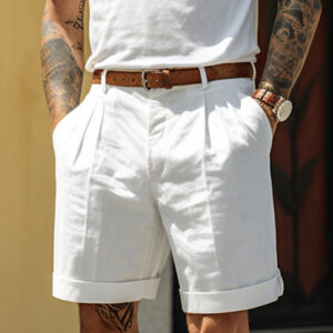 Relaxed Fit Linen Pleated Pocket Straight-Leg Shorts for Men