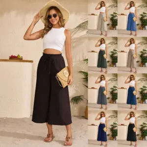 Breathable Ice Silk Crepe Capri Wide-Leg Pants with Pockets