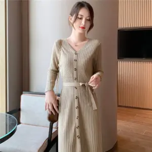 Comfort Fit V-Neck Knitted Dress with Long Sleeves