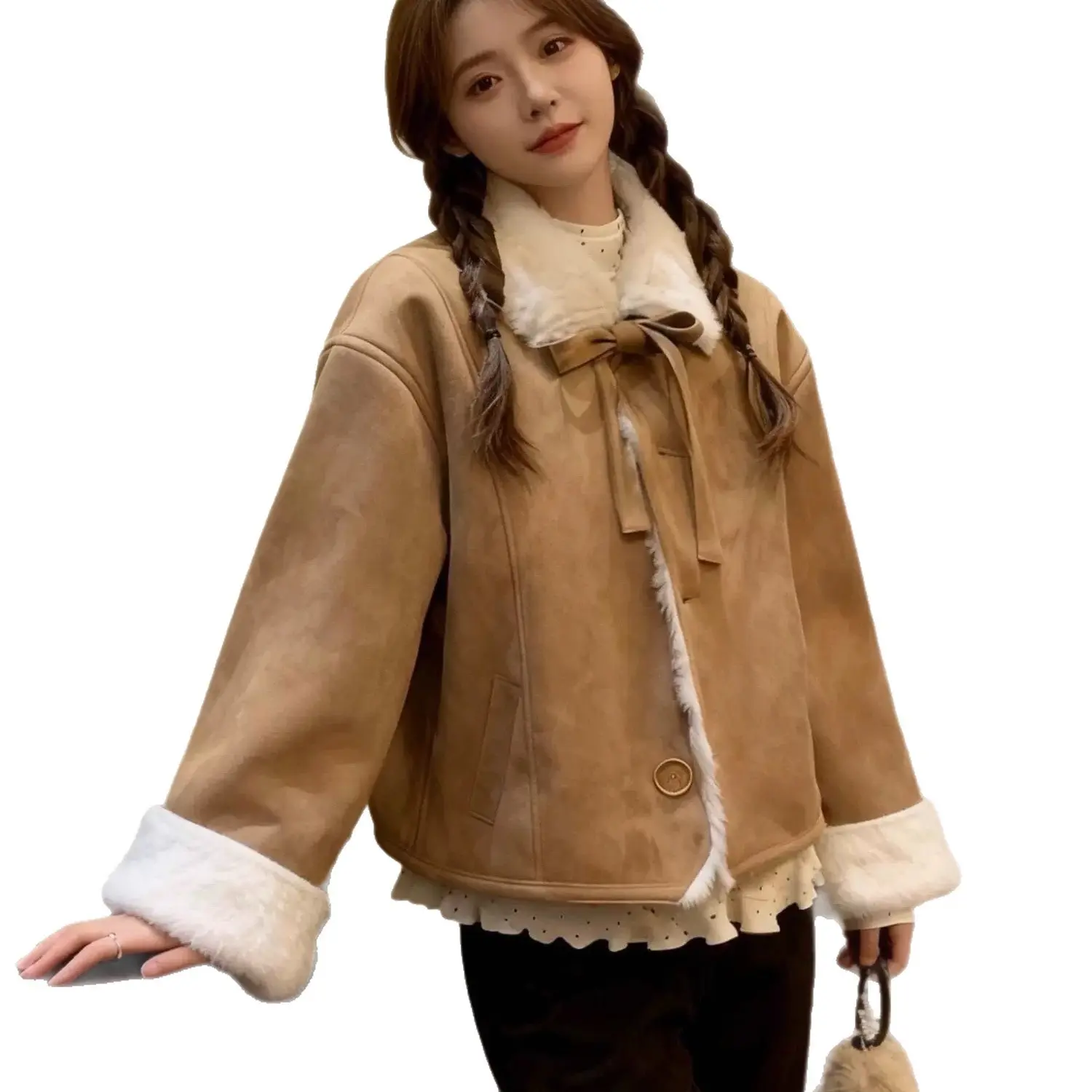Warm Thickened Lambswool Short Cotton Coat with Faux Fur Warm Thickened Lambswool Short Cotton Coat with Faux Fur