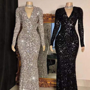 Sparkly Sequin Long Sleeve Evening Dress with Zipper