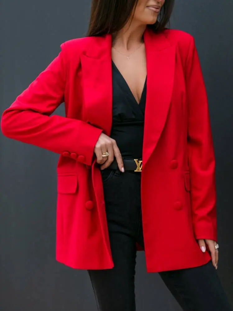 Tailored Double-Breasted Blazer for Autumn-Winter, Long Sleeve