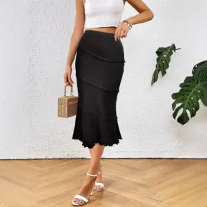 Elegant Womens Mermaid Knitted Skirt with Ruffle Patchwork Trim
