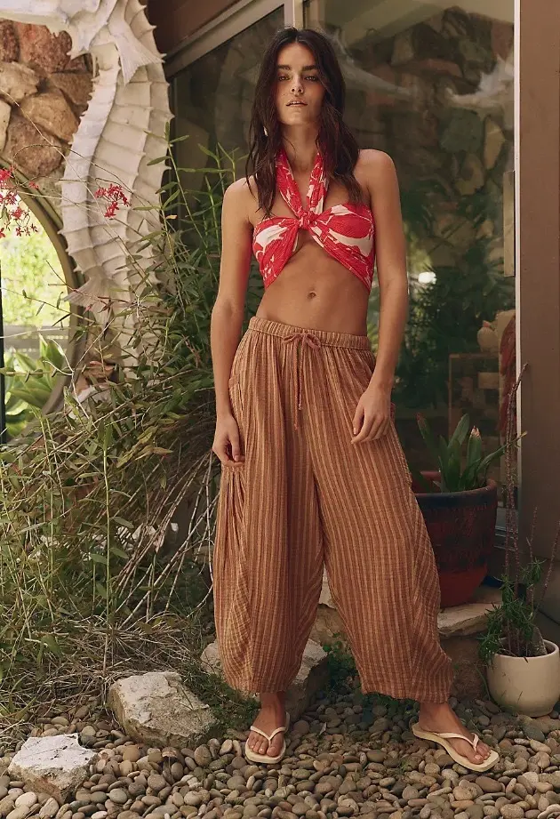 Striped Straight-leg Pants Elastic Waist Cropped Pleated Pants