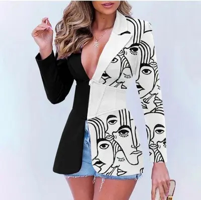 Women's Printed Contrast Color Lapels Blazer Women's Printed Contrast Color Lapels Blazer