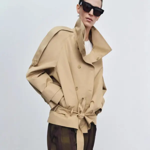 Tailored Short Khaki Double-Breasted Belted Trench Coat