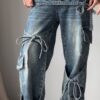 Patchwork Denim Utility Jeans with Knot Detail for Daily Wear Patchwork Denim Utility Jeans with Knot Detail for Daily Wear