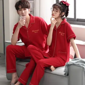 Breathable Cotton Couple Pajamas for Men Red Animal Year Shortsleeve