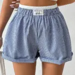 High-Waist Elastic Blue Buttoned Loose Shorts for Women