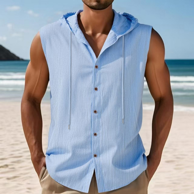 Breathable Linen-Blend Sleeveless Hooded Shirt for Men
