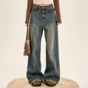 Thin Gradient Vintage Jeans Women Loose Wide-leg Straight Pants