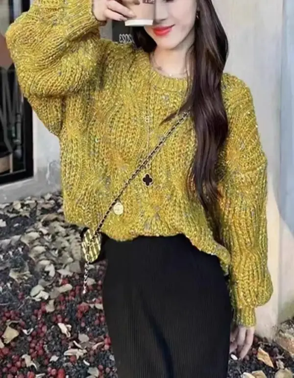 Loose-fitting Colorful Lantern-sleeve Knit Sweater