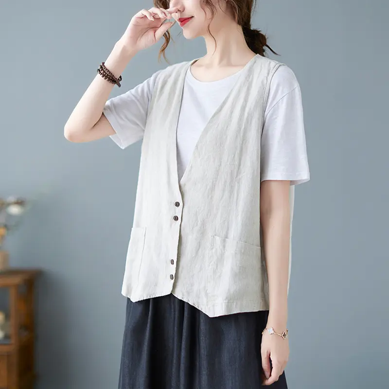 Relaxed Fit Cotton-Linen Sleeveless Vest with Button Detail Relaxed Fit Cotton-Linen Sleeveless Vest with Button Detail