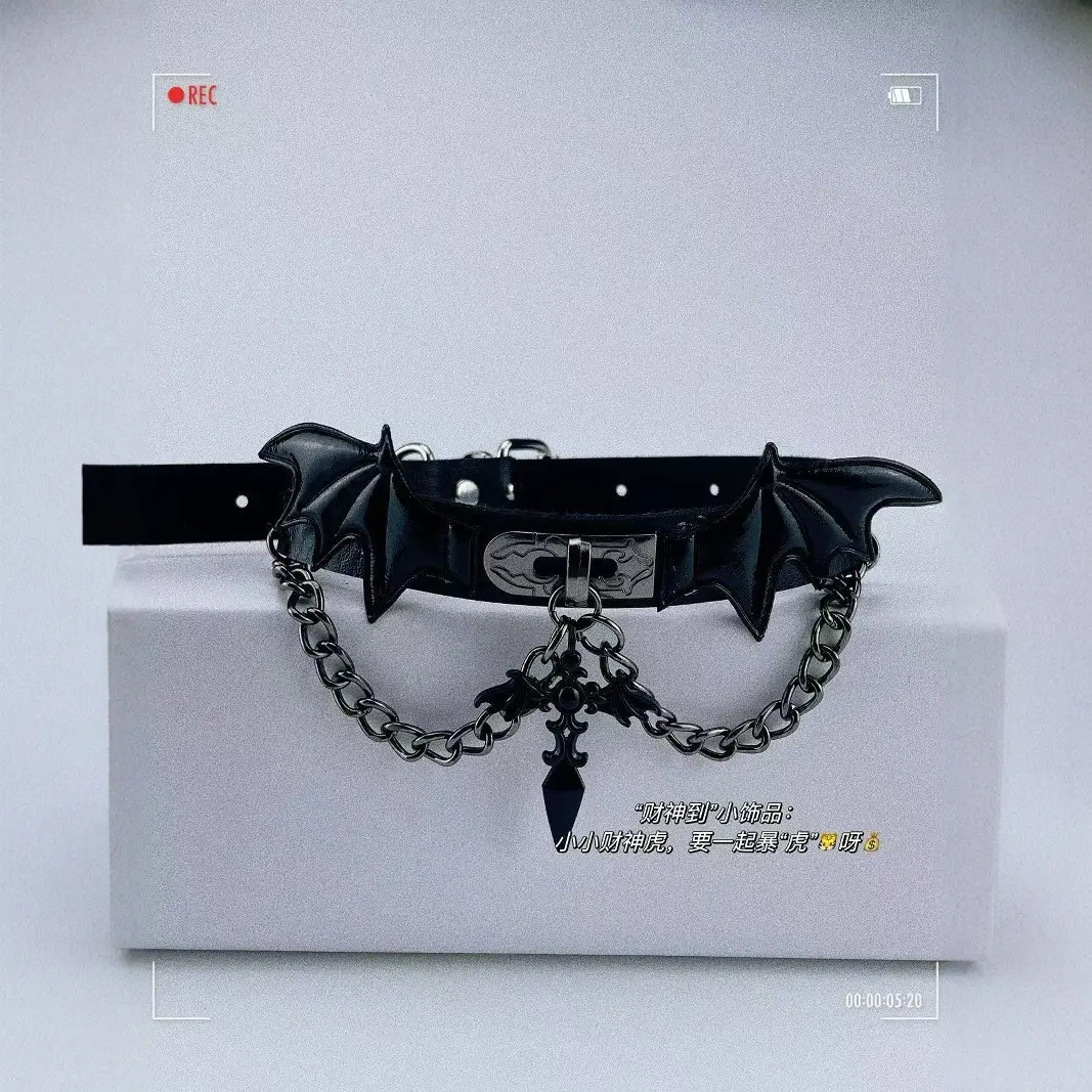 Bold Punk Leather Choker with Dark Cross & Devil Wings Bold Punk Leather Choker with Dark Cross & Devil Wings