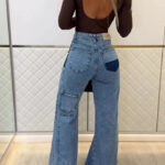 Light Blue High-Waisted Flared Jeans with Patchwork Details