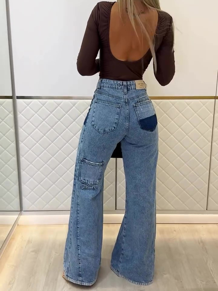 Light Blue High-Waisted Flared Jeans with Patchwork Details