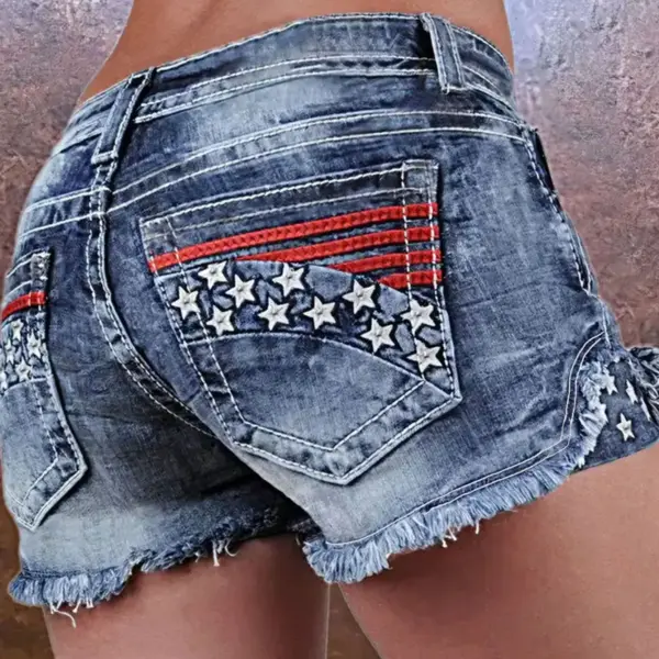 Stretchy Patchwork Embroidered Ripped Denim Shorts Stretchy Patchwork Embroidered Ripped Denim Shorts