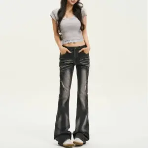 Distressed Black & Gray Flared Jeans for Women, Low Waist