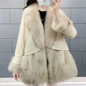 Warm Mid-Length Faux Fur Padded Coat with Fox-Style Trim