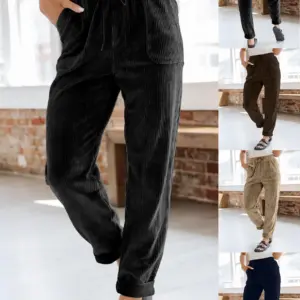 Corduroy Trousers For Women Casual Fashion Solid Color Elastic Waist Wide Leg Pants With Pockets