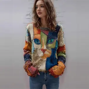 3 D Relief Crewneck Long Sleeve Sweater for Women, Loose Fit