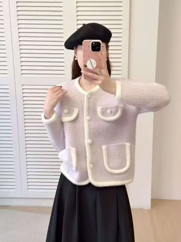 Soft Imitation Mink Fur Look Knitted Cardigan with Tassels